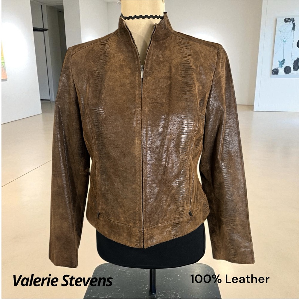 Valerie Stevens Snake Stamped Brown 100% Leather Moto Zip Front Jacket/Petite M